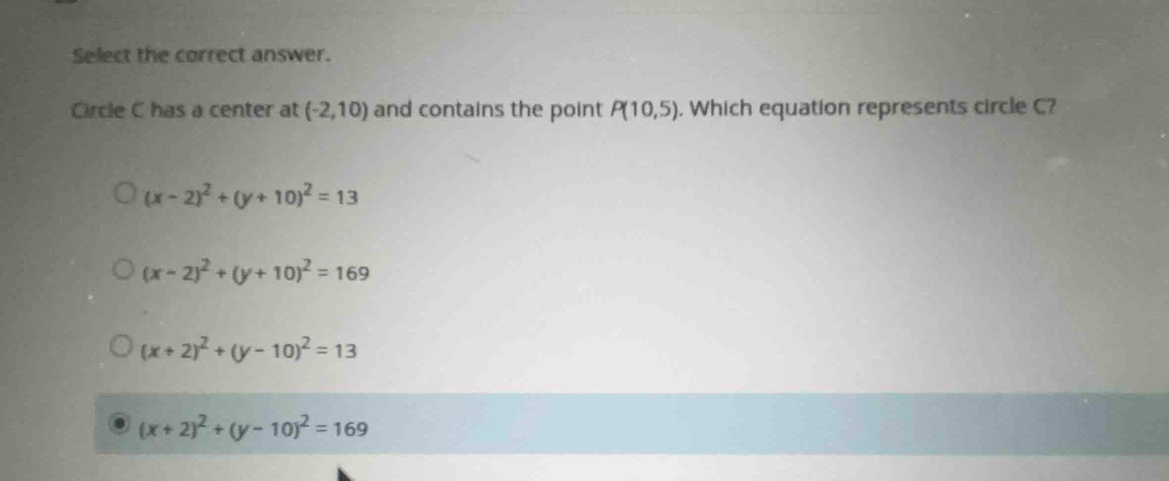 select the correct answer. circle c has a center at (-2,10) and contain…