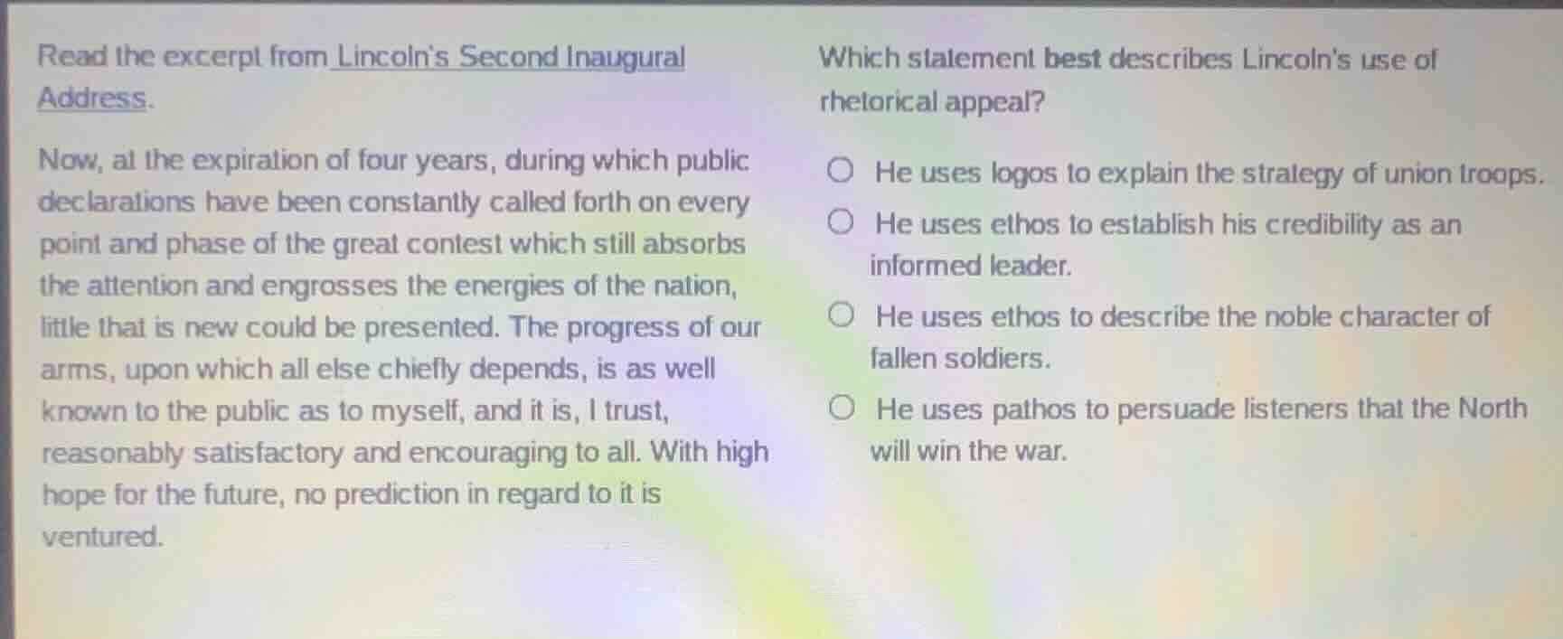 read the excerpt from lincolns second inaugural address. now, at the ex…