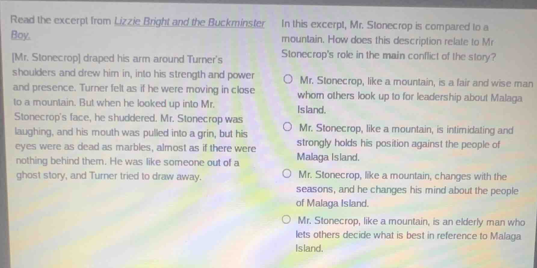 read the excerpt from lizzie bright and the buckminster boy. mr. stonec…