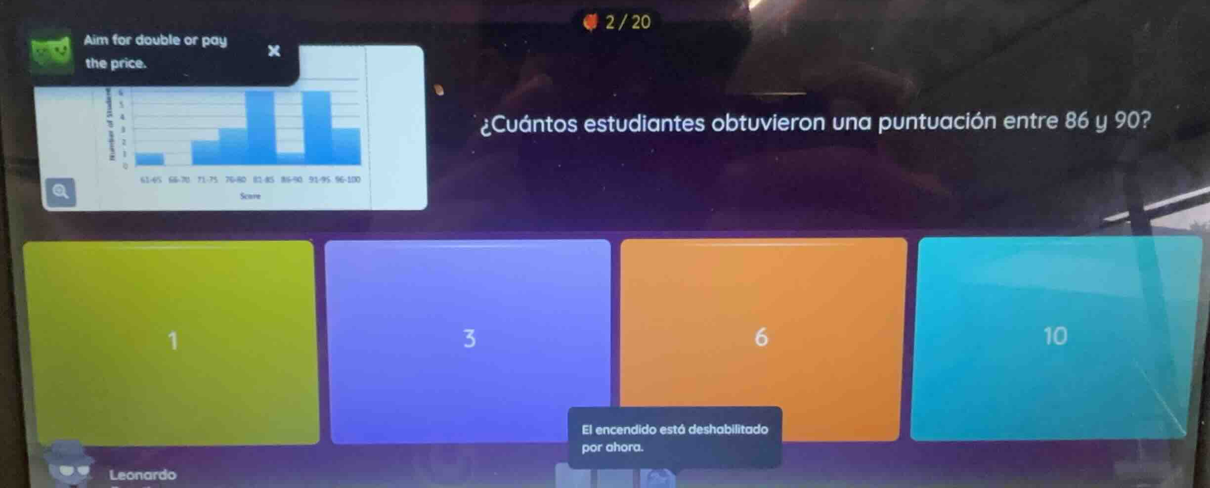 ¿cuántos estudiantes obtuvieron una puntuación entre 86 y 90? 1 3 6 10
