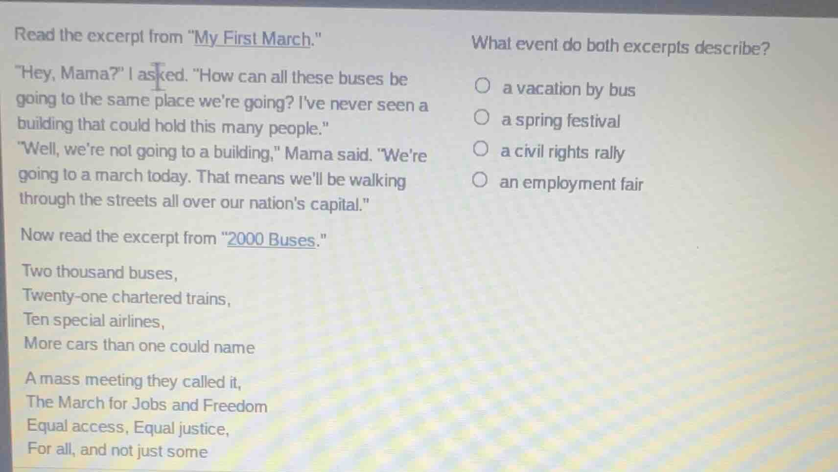 read the excerpt from \my first march.\ \hey, mama?\ i asked. \how can …