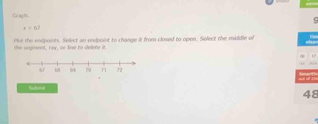 graph. (x > 67) plot the endpoints. select an endpoint to change it fro…