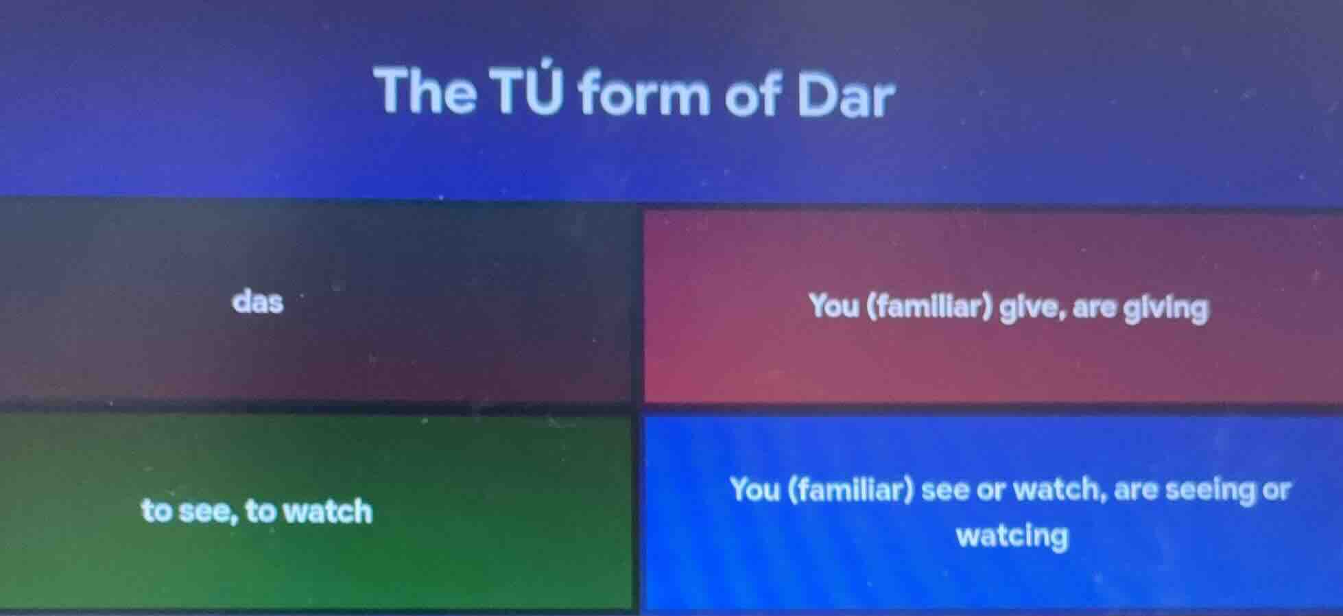 the tú form of dar das you (familiar) give, are giving to see, to watch…