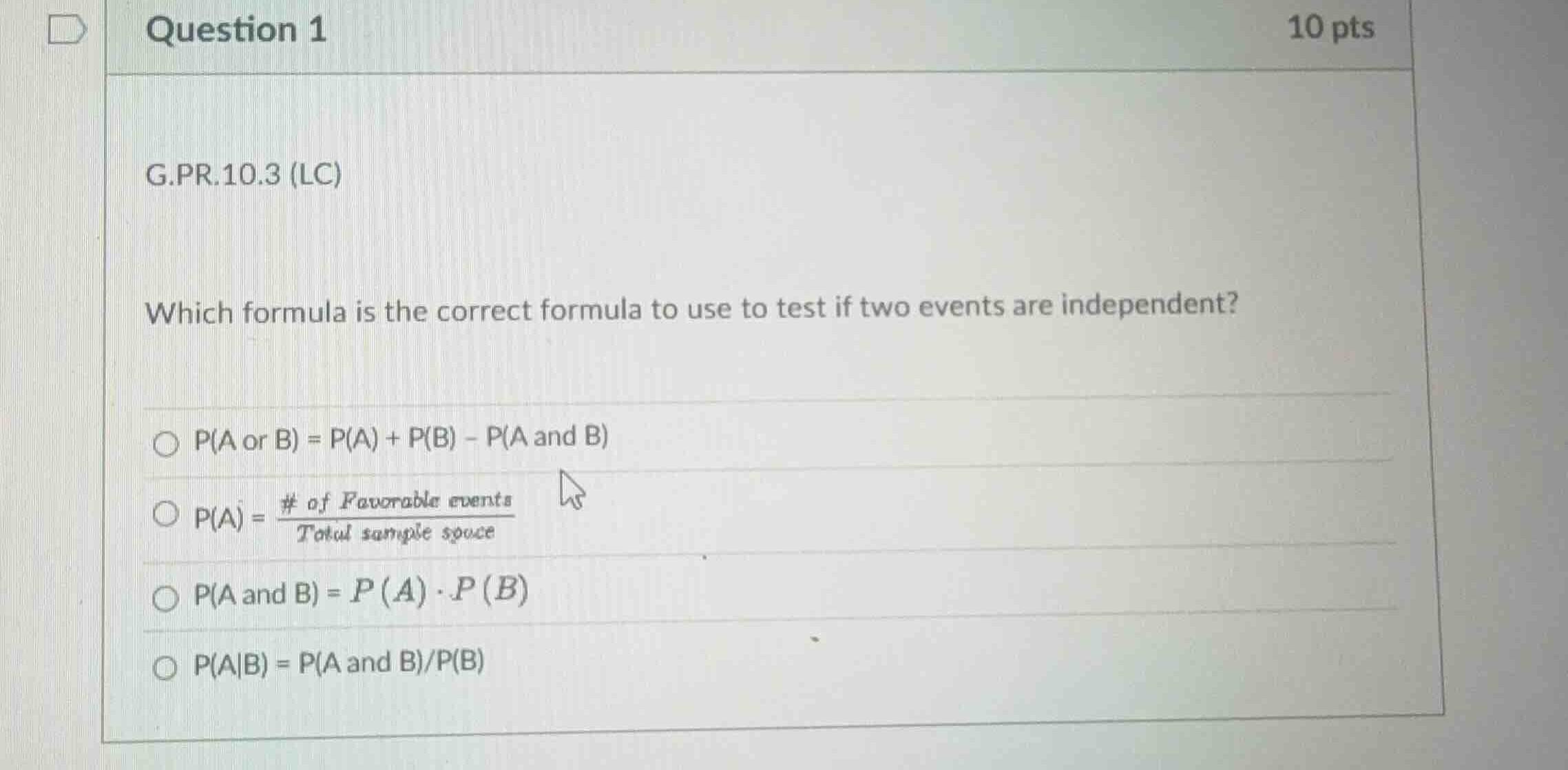 g.pr.10.3 (lc) which formula is the correct formula to use to test if t…