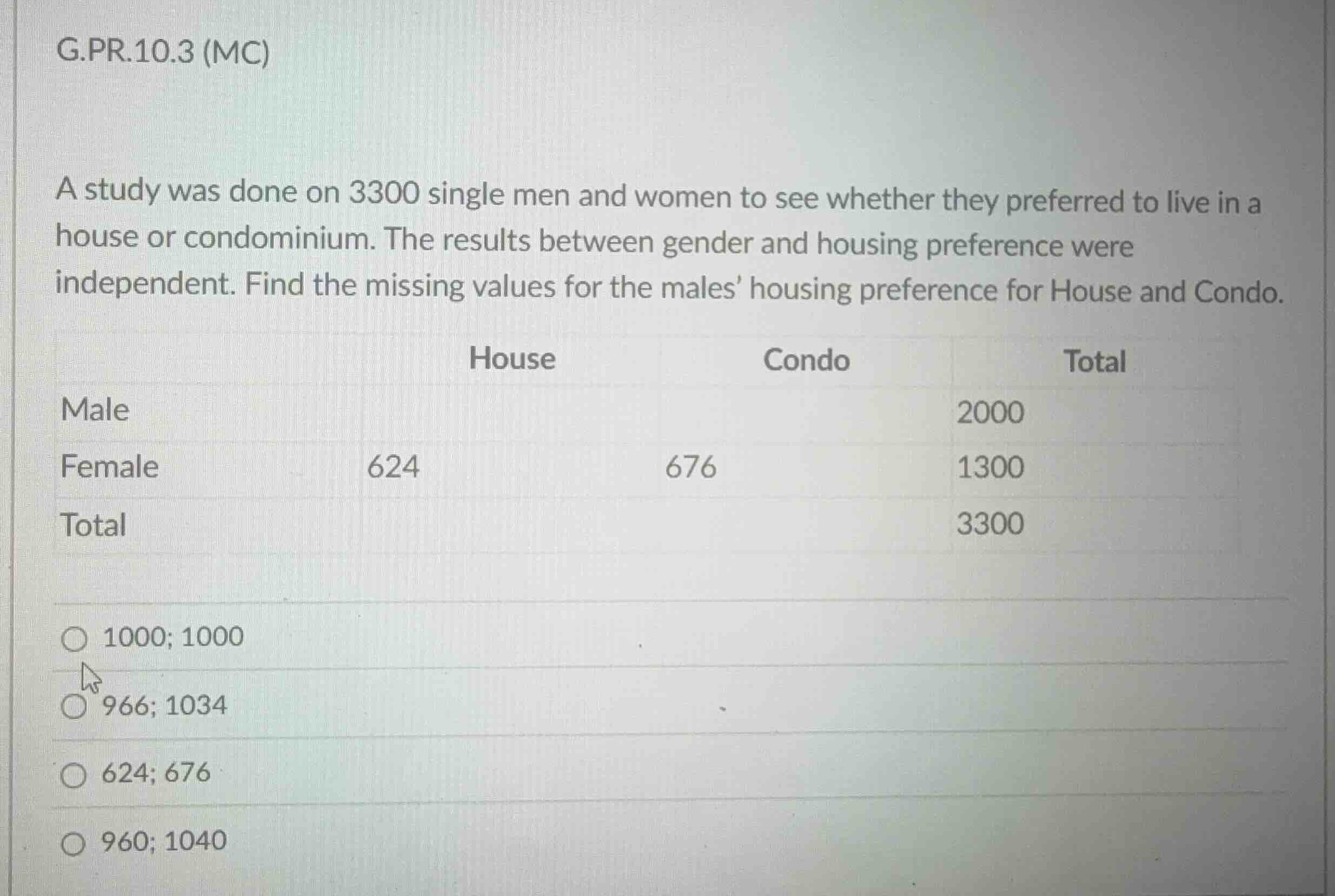 g.pr.10.3 (mc) a study was done on 3300 single men and women to see whe…
