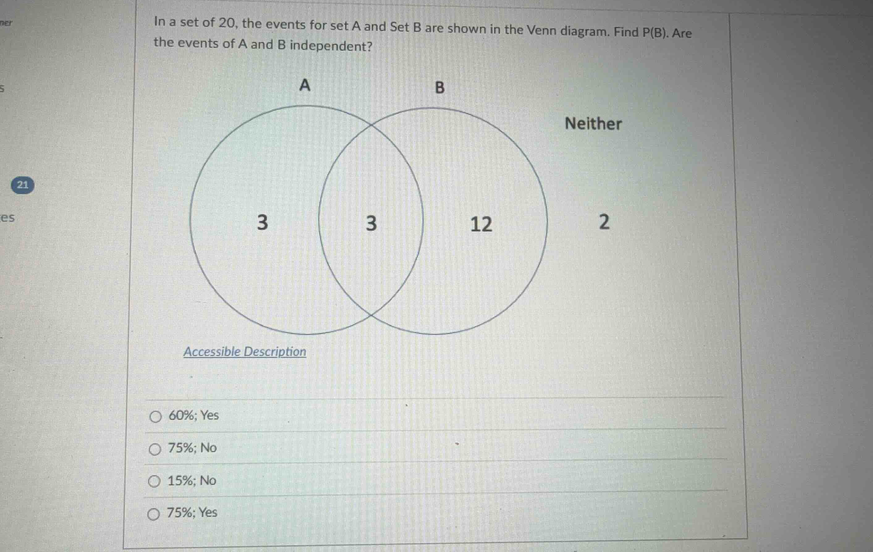 in a set of 20, the events for set a and set b are shown in the venn di…
