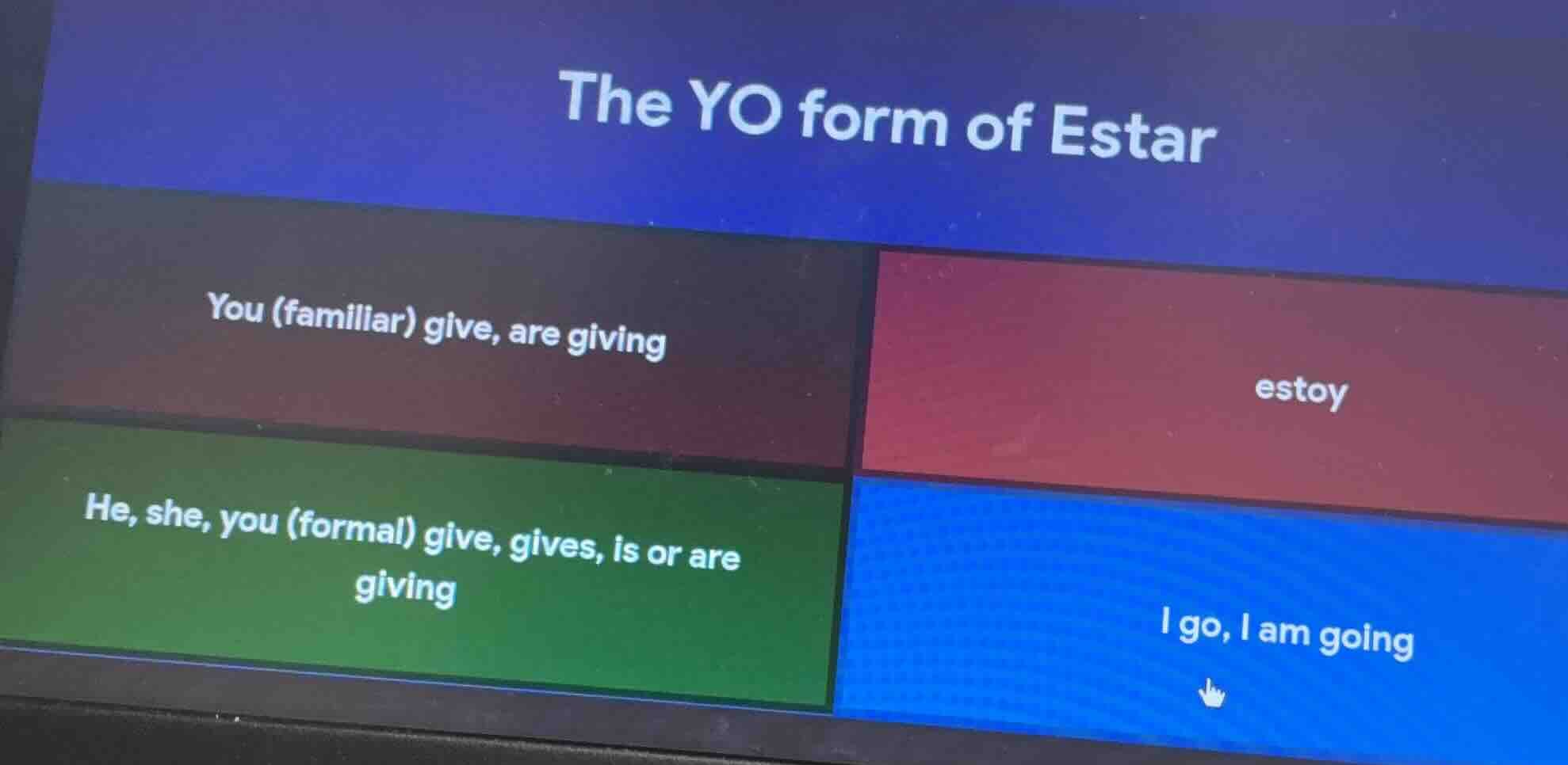 the yo form of estar you (familiar) give, are giving estoy he, she, you…