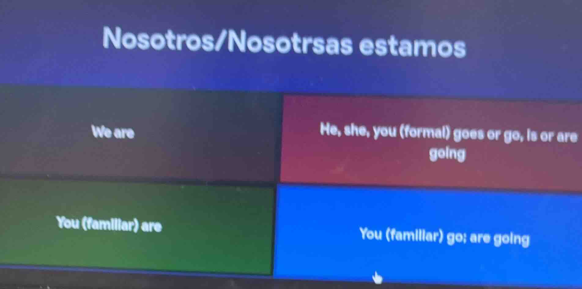 nosotros/nosotras estamos we are he, she, you (formal) goes or go, is o…