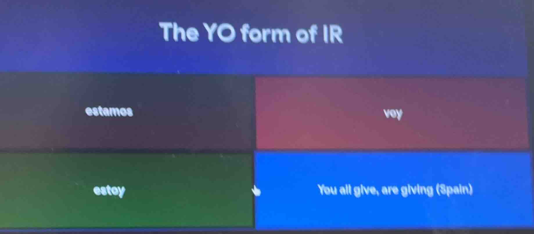 the yo form of ir estamos voy estoy you all give, are giving (spain)
