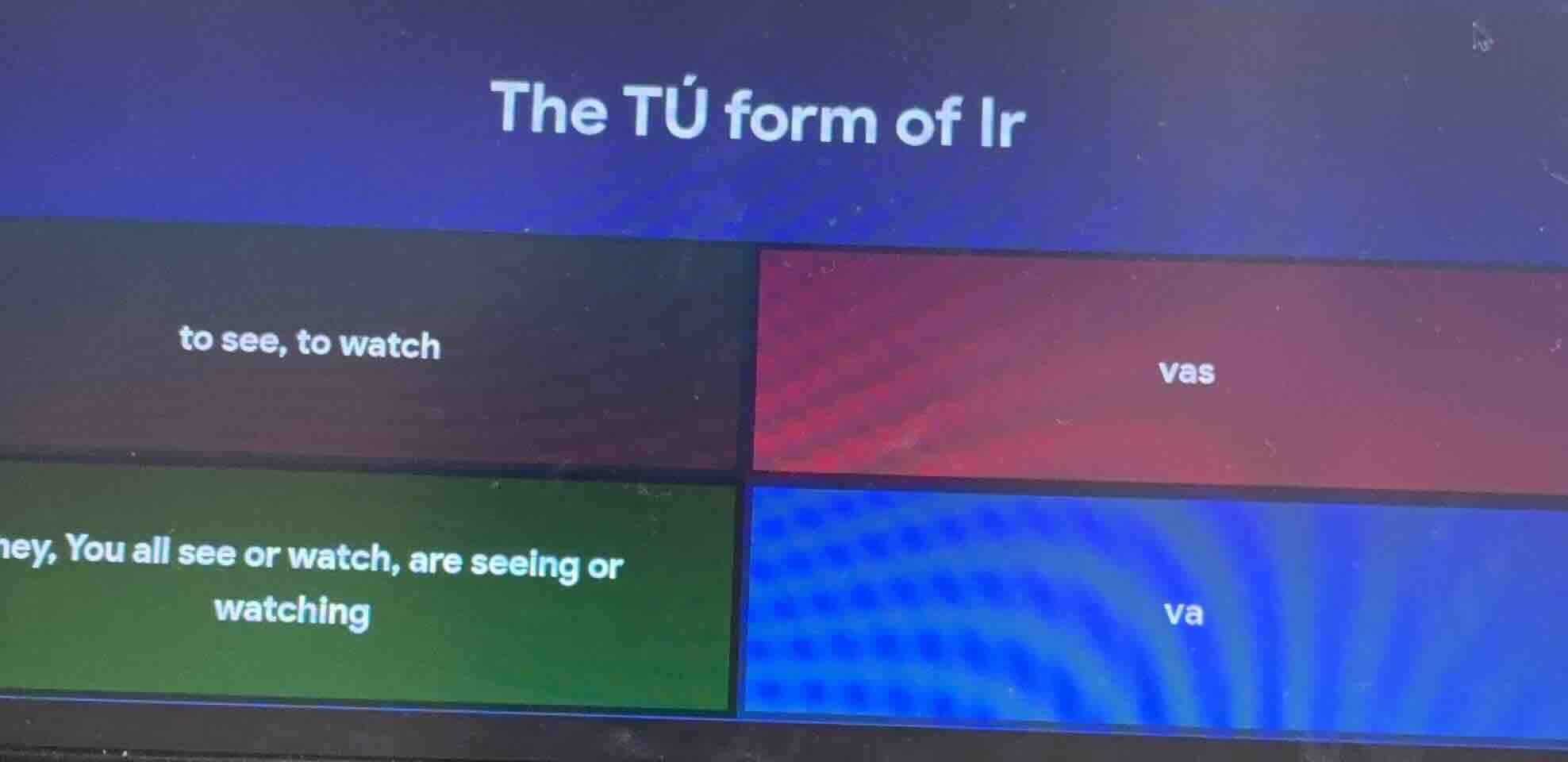 the tú form of ir to see, to watch vas they, you all see or watch, are …