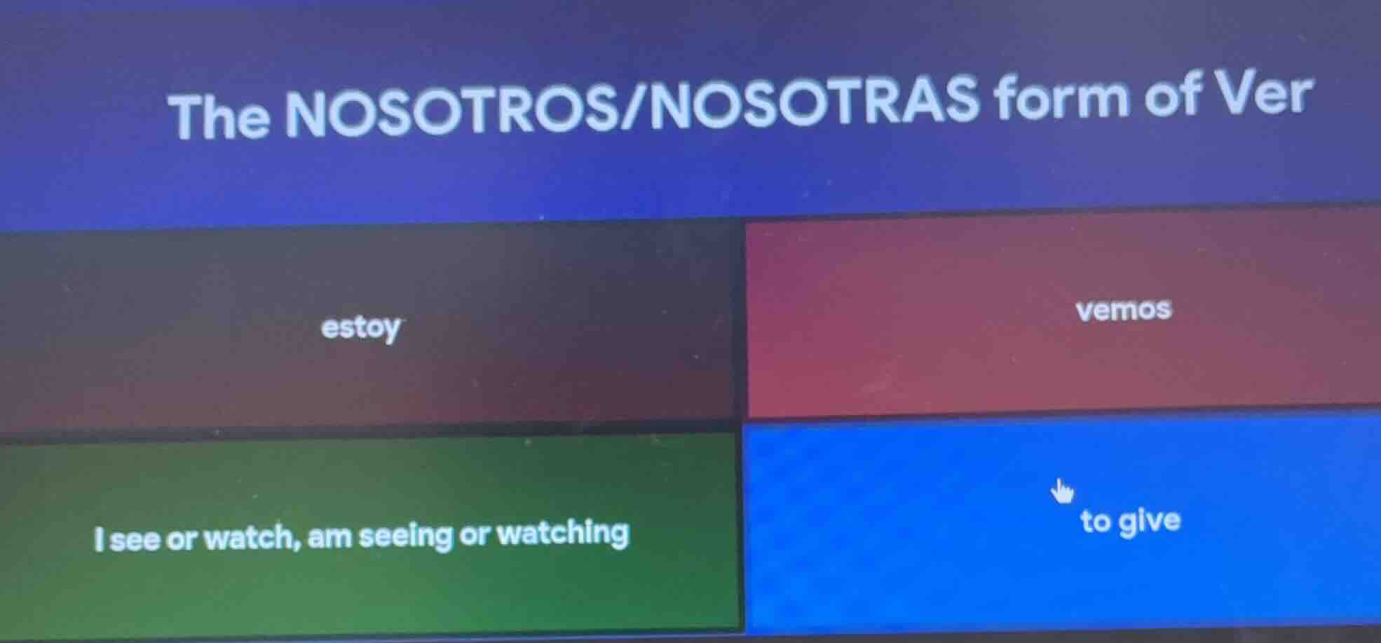 the nosotros/nosotras form of ver estoy vemos i see or watch, am seeing…
