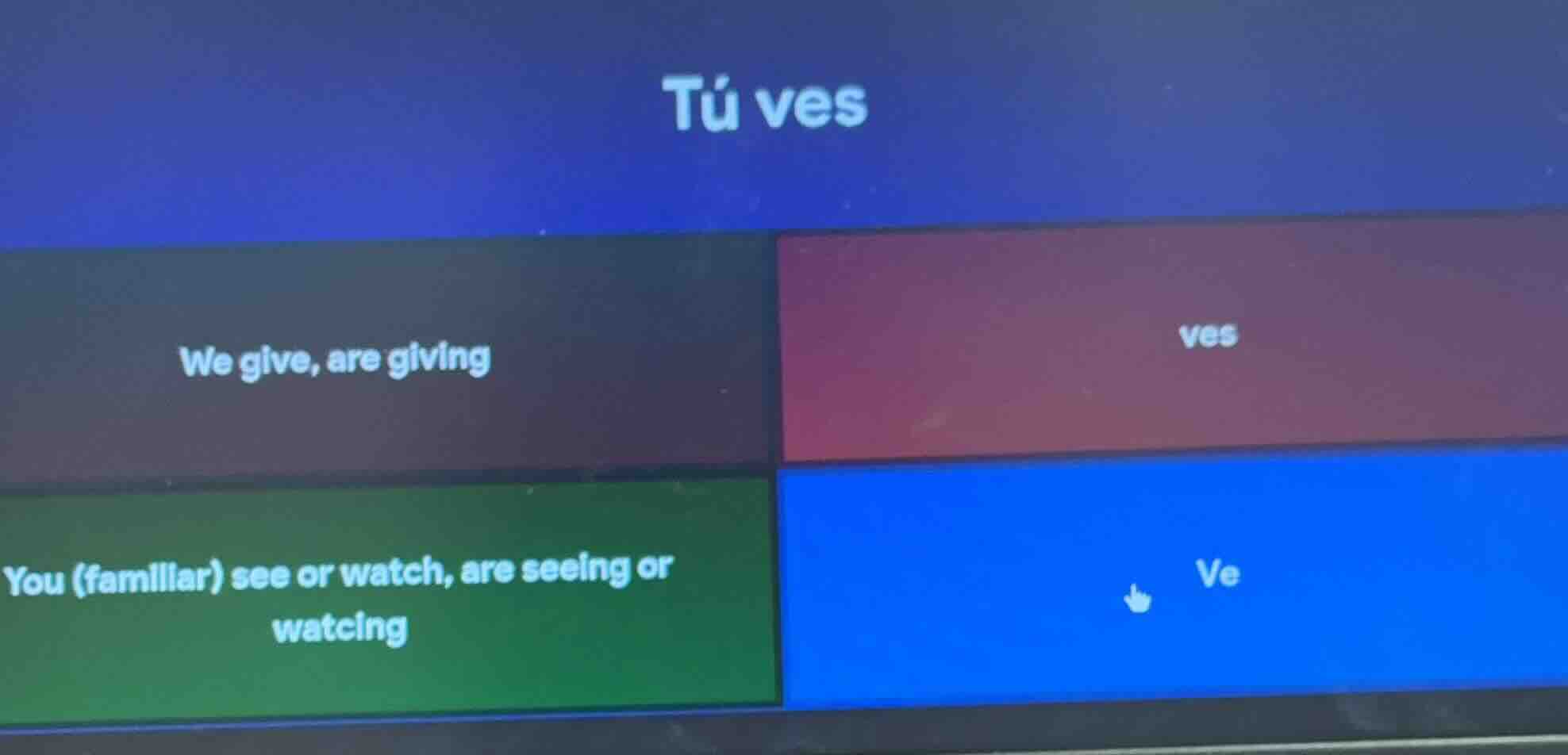 tú ves we give, are giving ves you (familiar) see or watch, are seeing …
