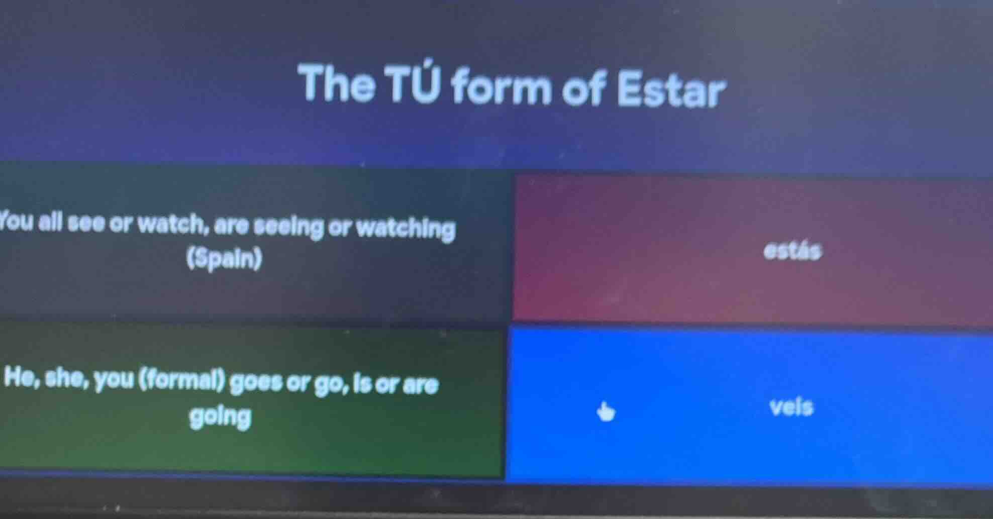 the tú form of estar you all see or watch, are seeing or watching (spai…
