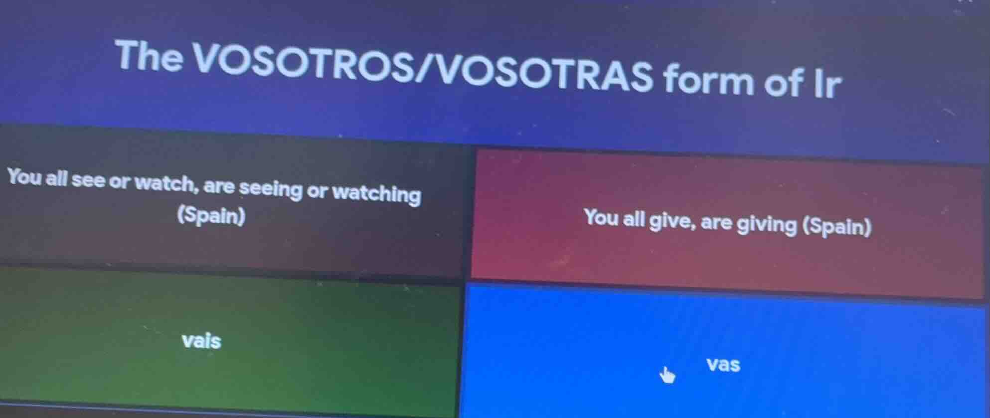 the vosotros/vosotras form of ir you all see or watch, are seeing or wa…