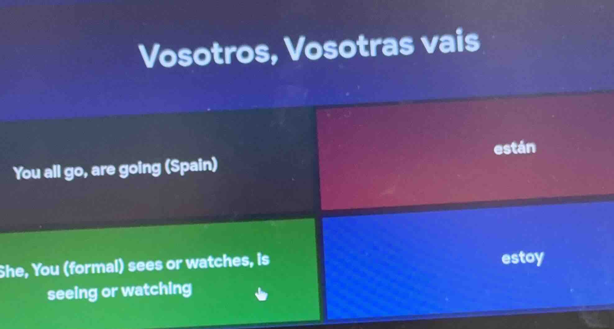 vosotros, vosotras vais you all go, are going (spain) están she, you (f…