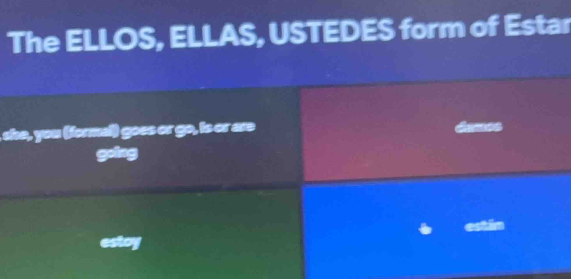 the ellos, ellas, ustedes form of estar - she, you (formal) goes or go,…