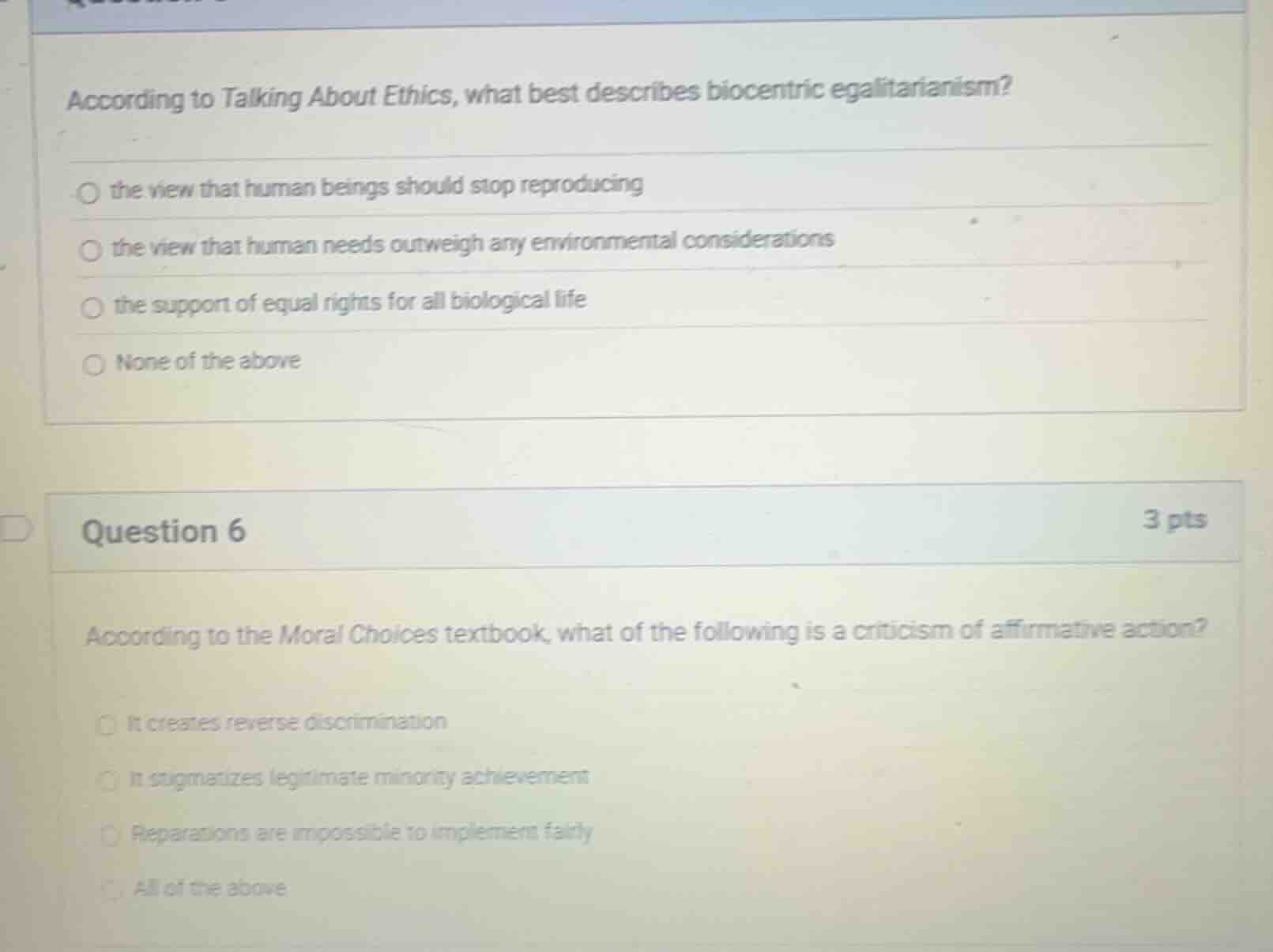 according to talking about ethics, what best describes biocentric egali…