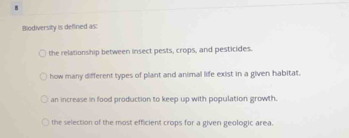 biodiversity is defined as: the relationship between insect pests, crop…