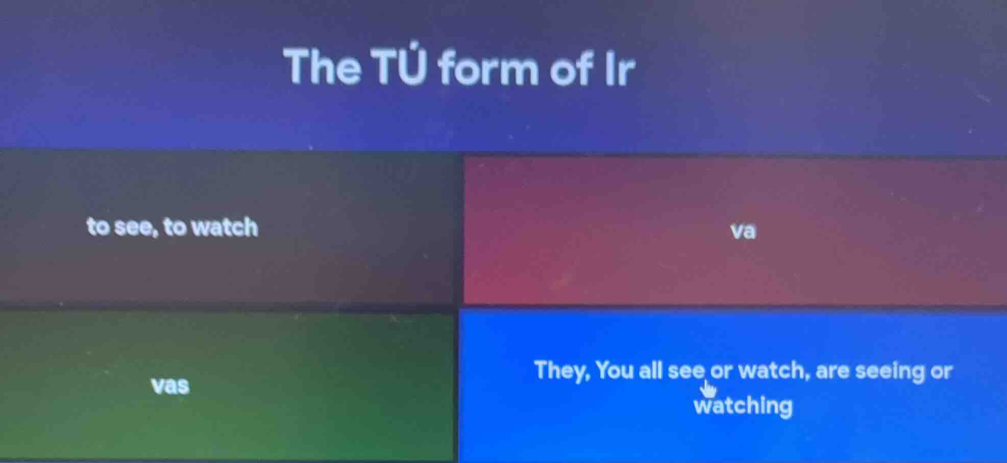 the tú form of ir to see, to watch va vas they, you all see or watch, a…