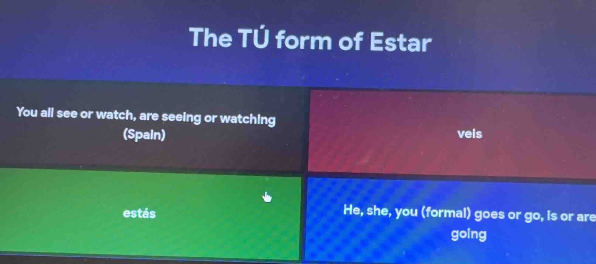 the tú form of estar you all see or watch, are seeing or watching (spai…
