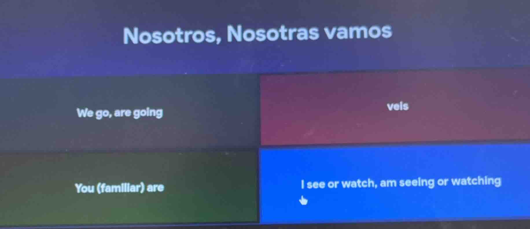 nosotros, nosotras vamos we go, are going veis you (familiar) are i see…
