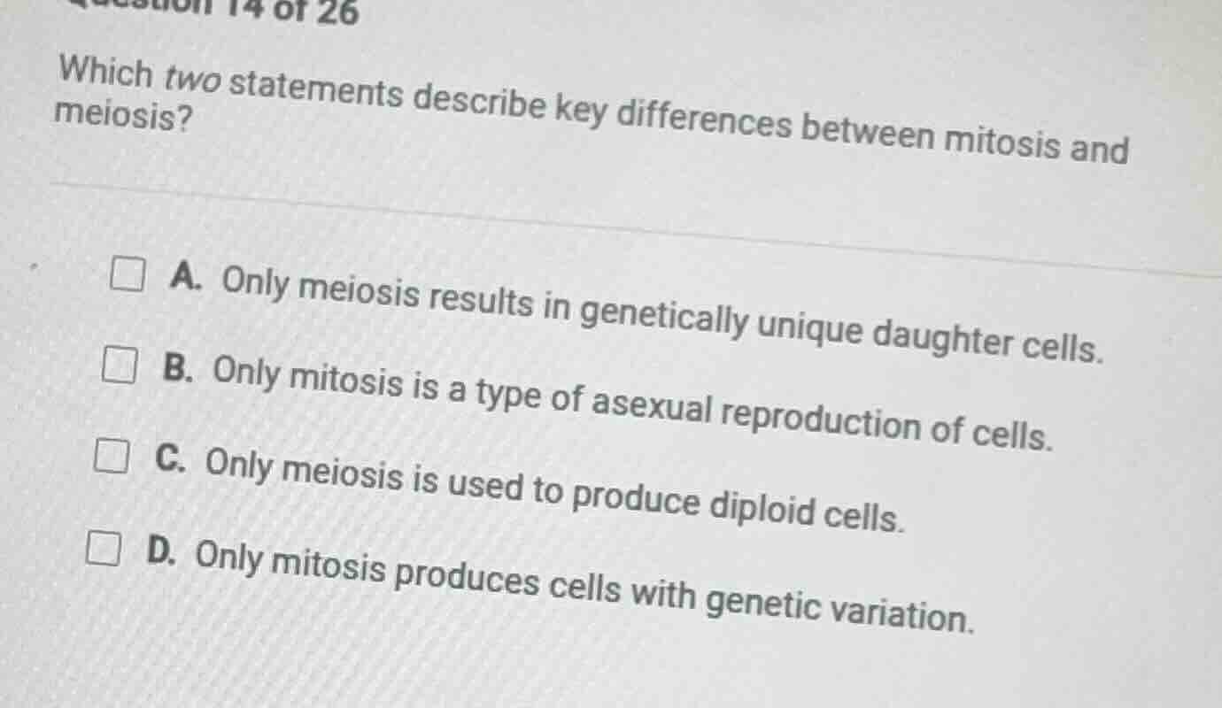which two statements describe key differences between mitosis and meios…