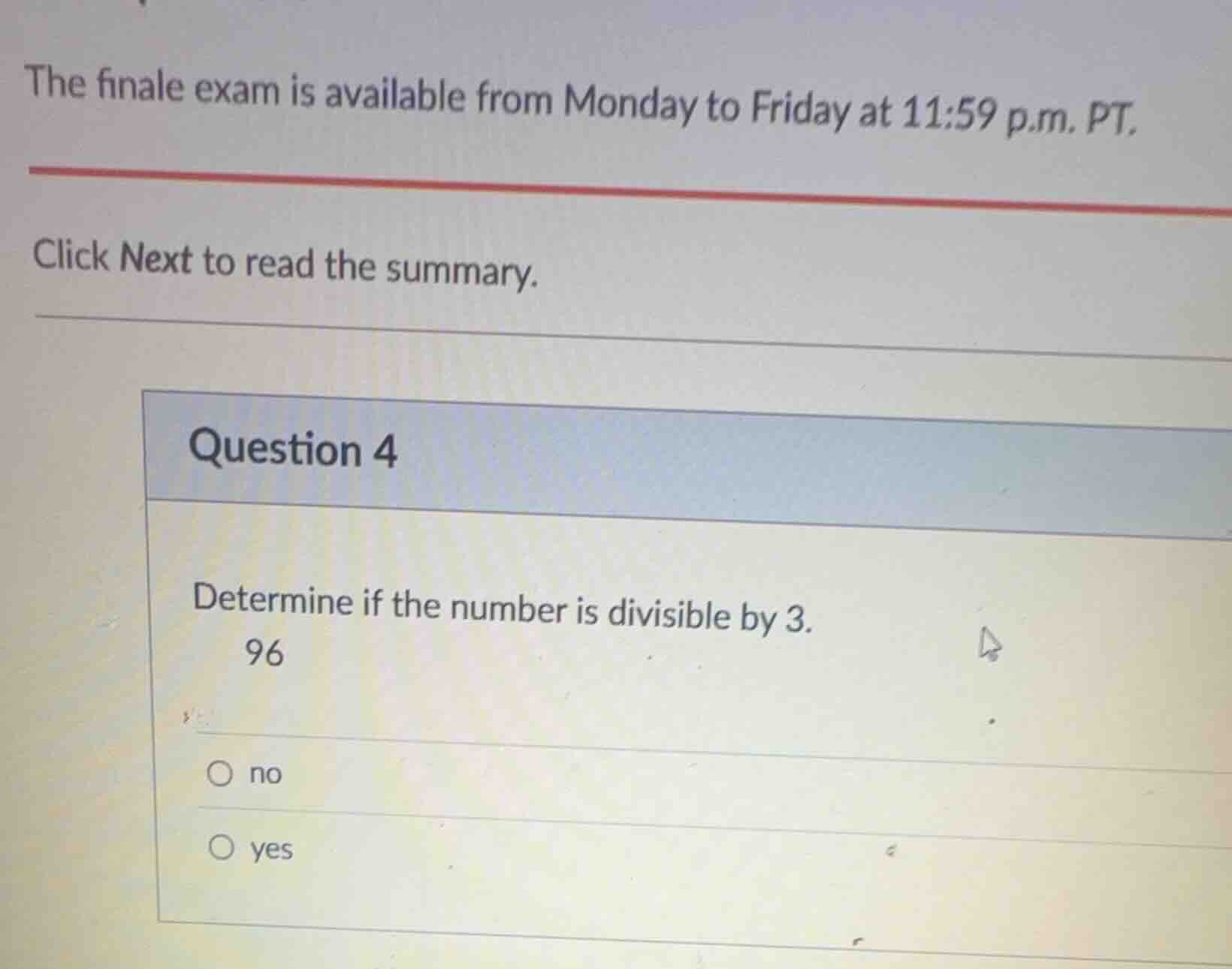 question 4 determine if the number is divisible by 3. 96 no yes