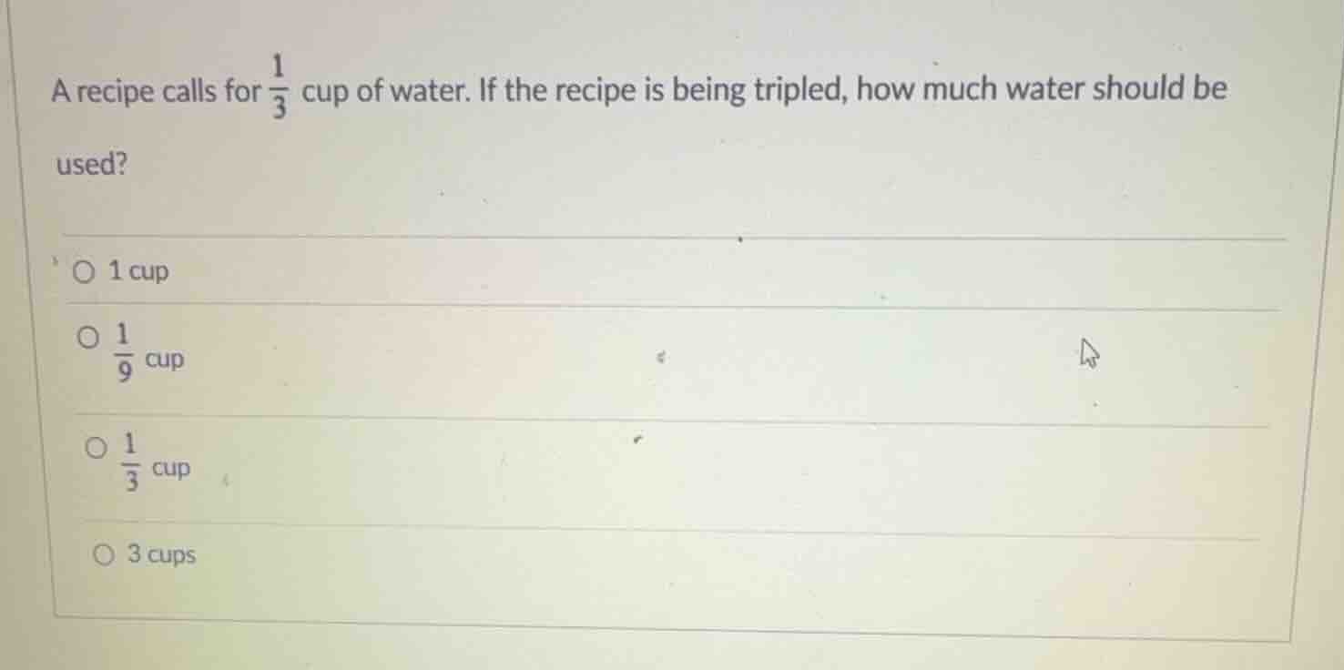 a recipe calls for \\(\\frac{1}{3}\\) cup of water. if the recipe is be…