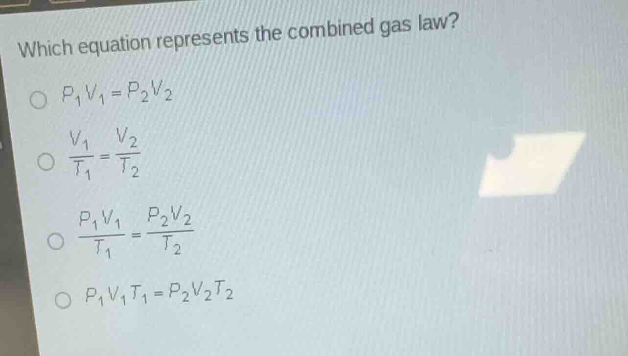 which equation represents the combined gas law? \\(p_1 v_1 = p_2 v_2\\)…