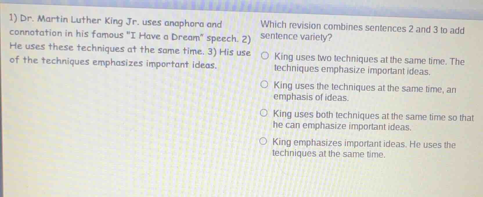 1) dr. martin luther king jr. uses anaphora and connotation in his famo…