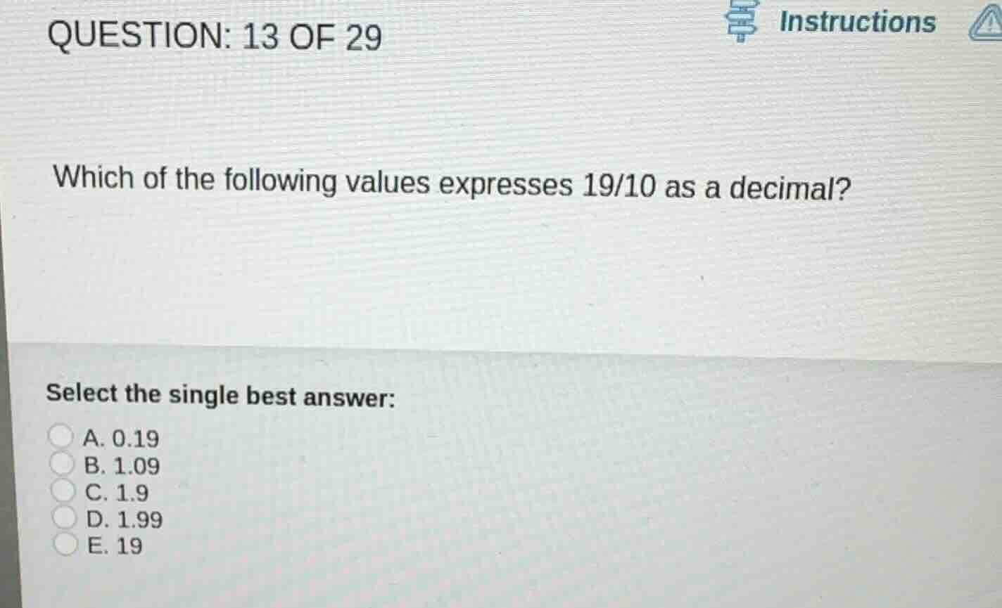 which of the following values expresses \\(19/10\\) as a decimal? selec…