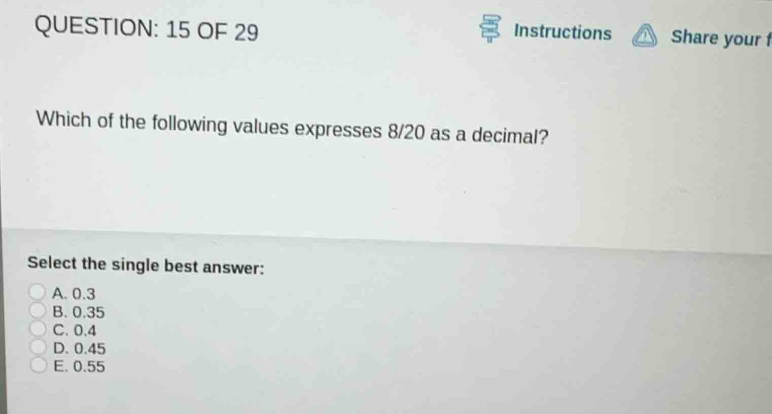 which of the following values expresses \\(\\frac{8}{20}\\) as a decima…