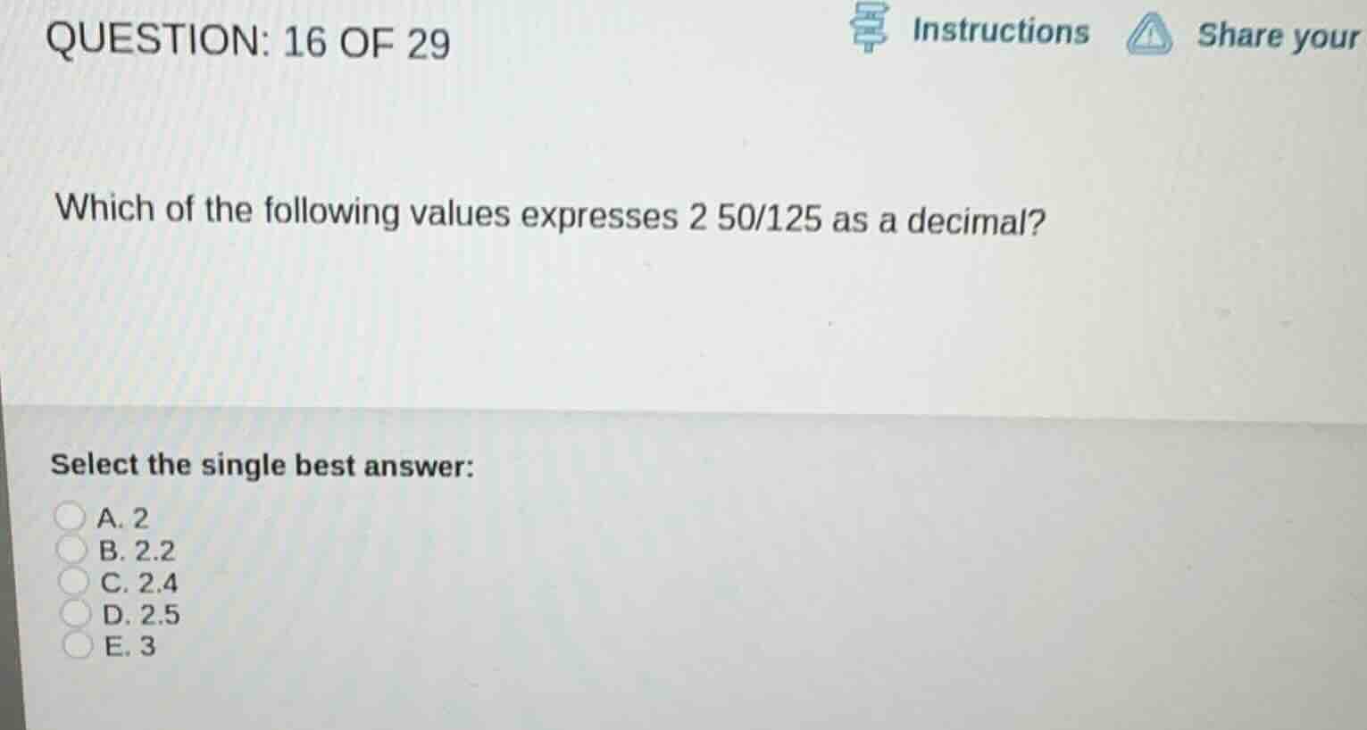 which of the following values expresses \\(2\\frac{50}{125}\\) as a dec…