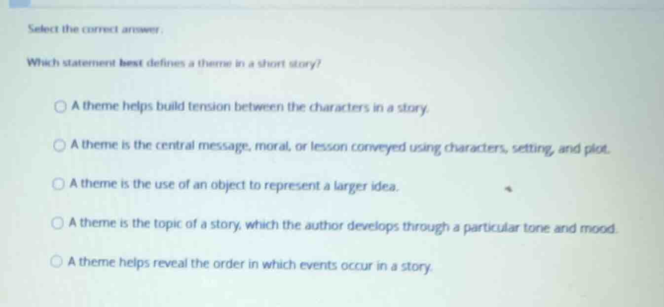 select the correct answer. which statement best defines a theme in a sh…