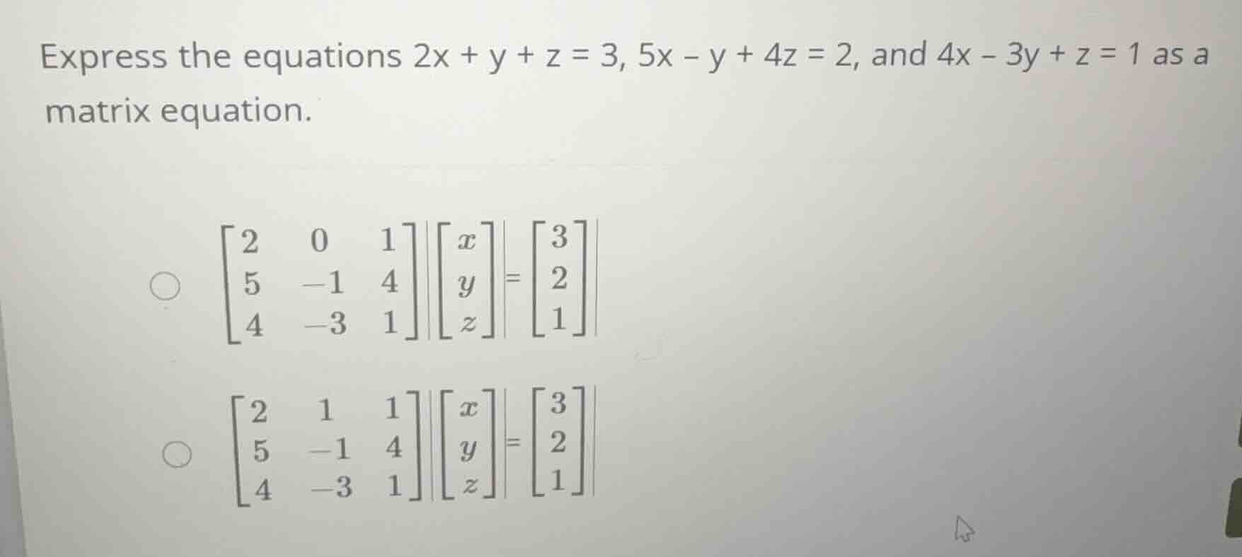 express the equations \\(2x + y + z = 3\\), \\(5x - y + 4z = 2\\), and …