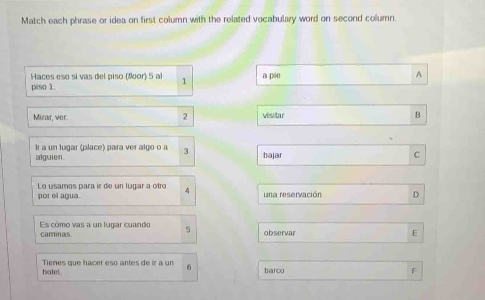 match each phrase or idea on first column with the related vocabulary w…