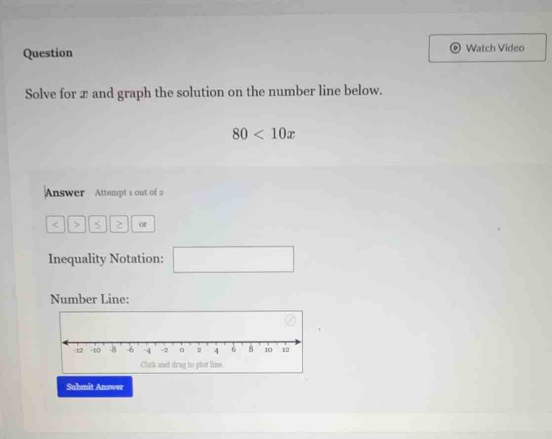 solve for (x) and graph the solution on the number line below. 80 < 10x