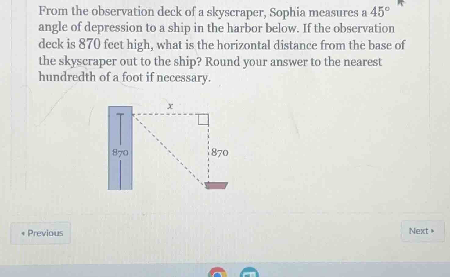 from the observation deck of a skyscraper, sophia measures a \\(45^\\ci…