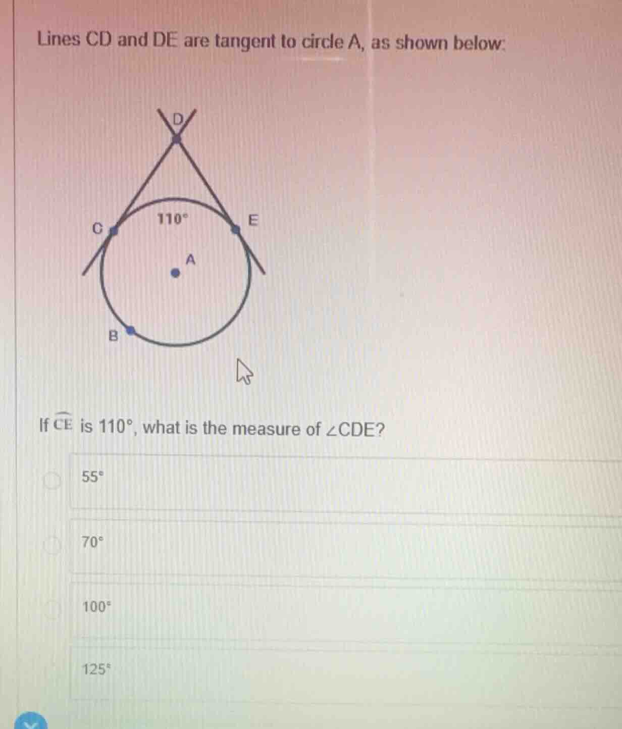 lines cd and de are tangent to circle a, as shown below: if \\(\\wideha…