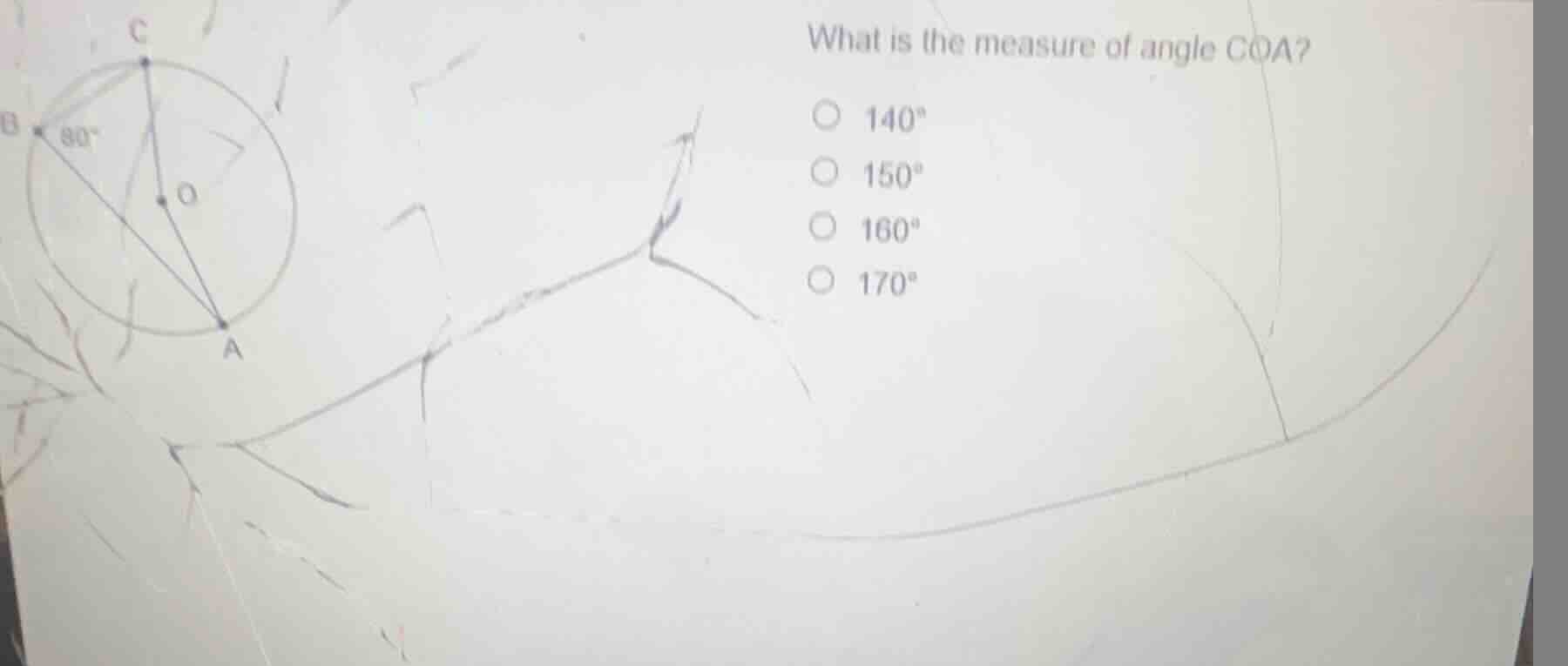 what is the measure of angle coa? \\(140^\\circ\\) \\(150^\\circ\\) \\(…