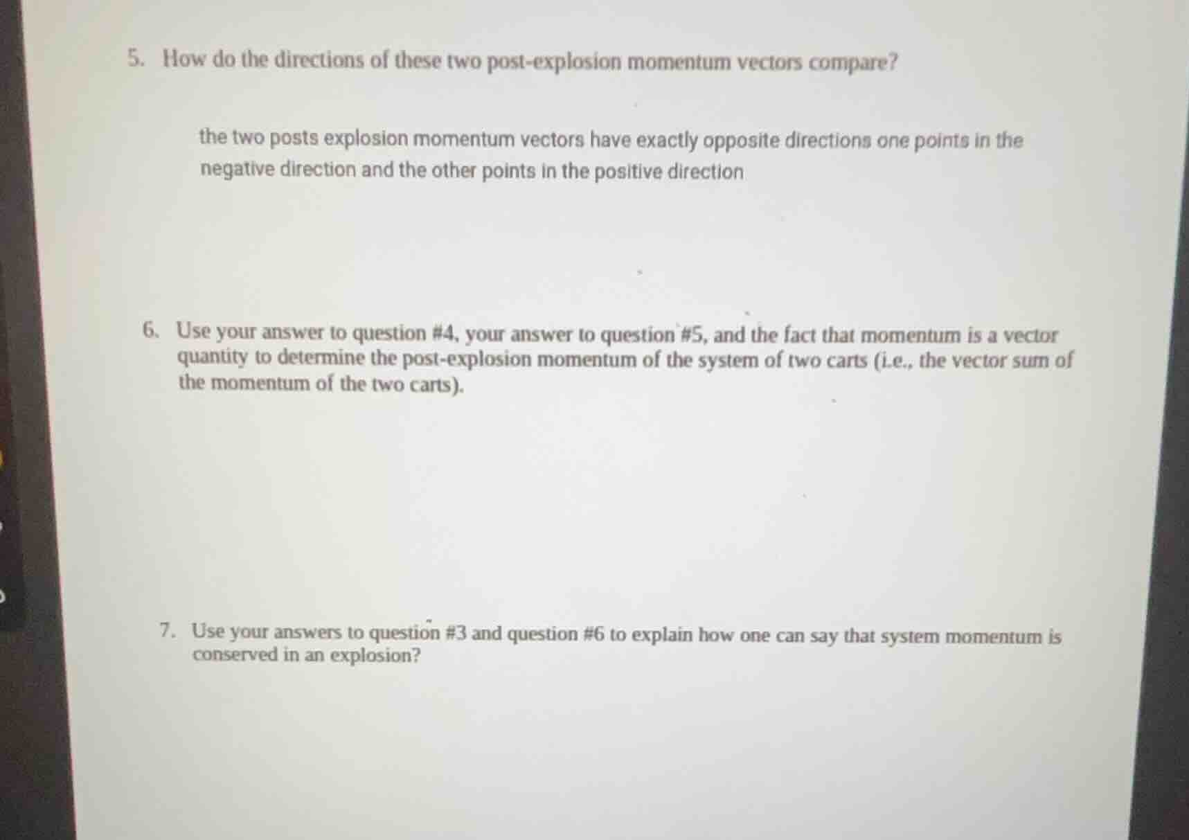 5. how do the directions of these two post-explosion momentum vectors c…