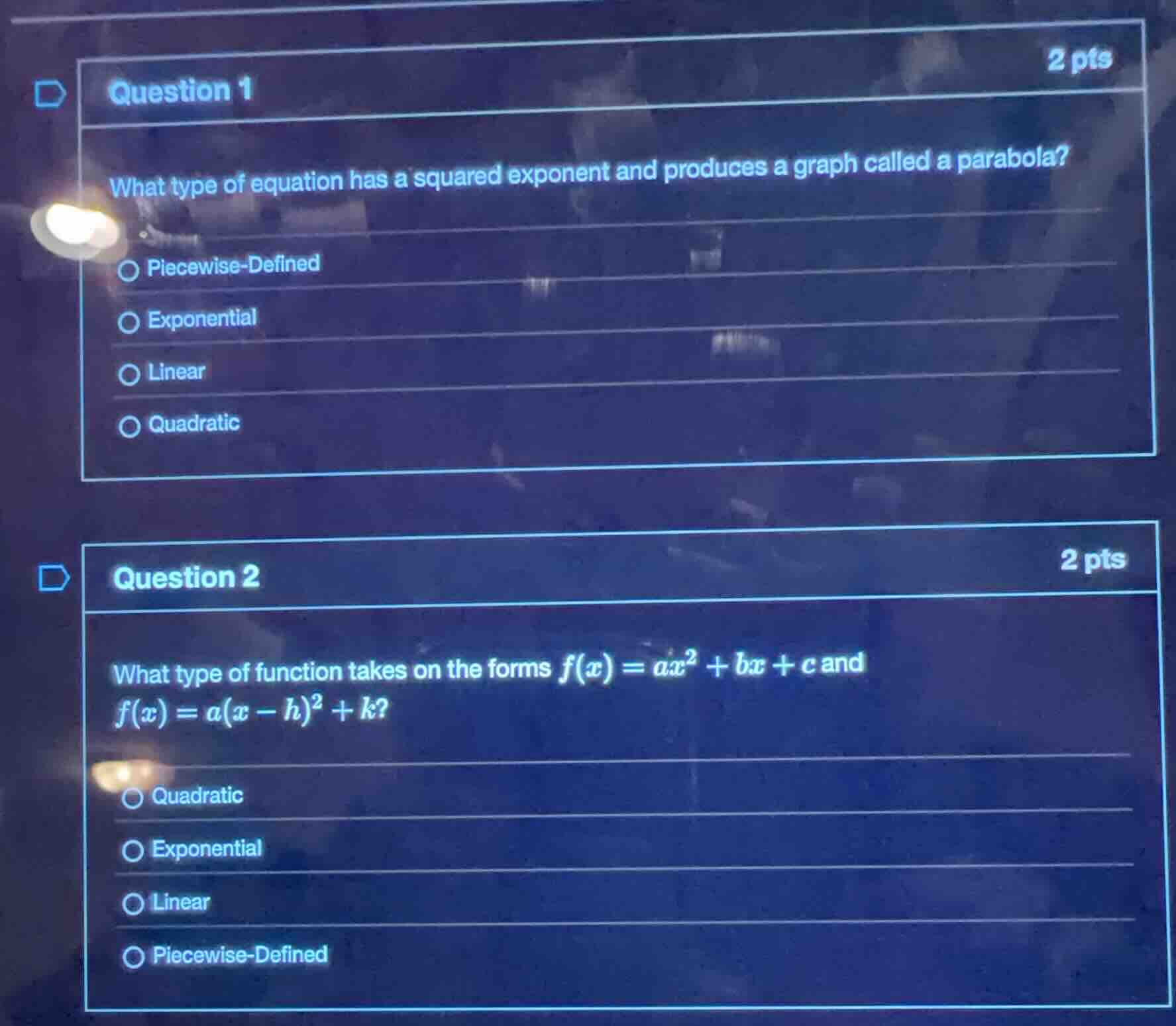 question 1 what type of equation has a squared exponent and produces a …