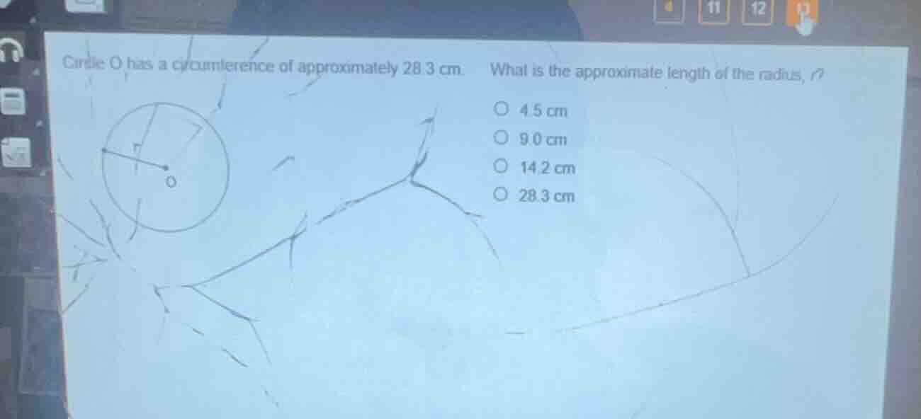 circle o has a circumference of approximately 28.3 cm. what is the appr…