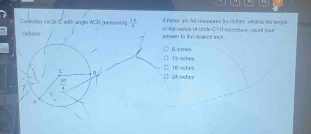 consider circle c with angle acb measuring \\(\\frac{3\\pi}{4}\\) radia…