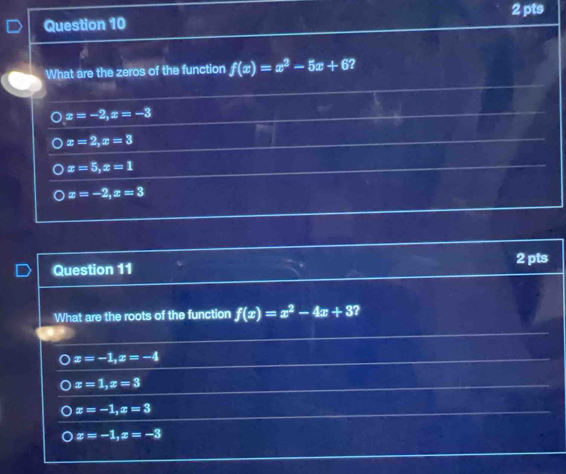 question 10 what are the zeros of the function (f(x) = x^2 - 5x + 6)? (…