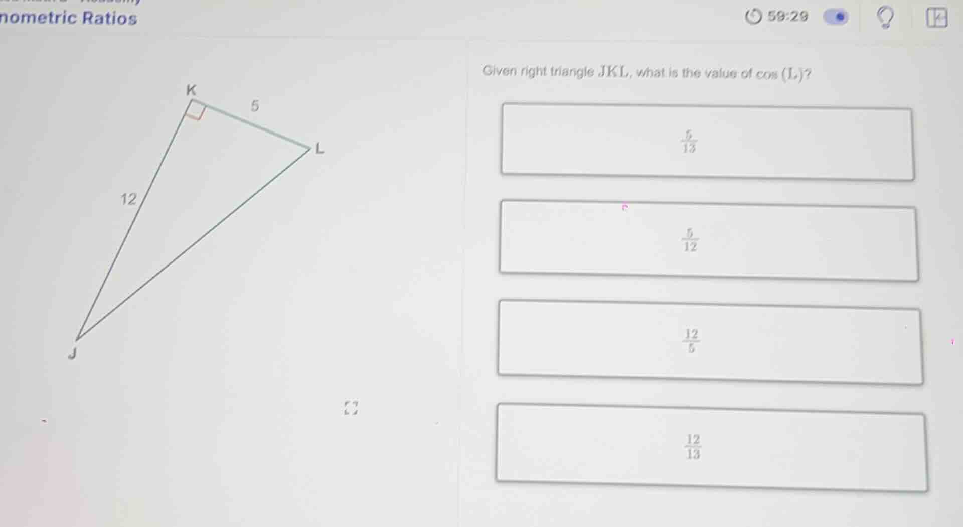 given right triangle jkl, what is the value of \\(\\cos(l)\\)? \\(\\fra…