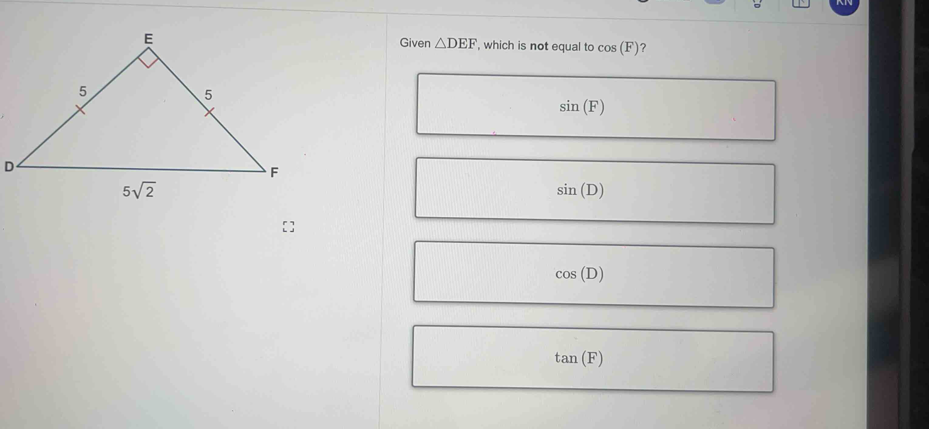 given \\(\\delta def\\), which is not equal to \\(\\cos(f)\\)? \\(\\sin…