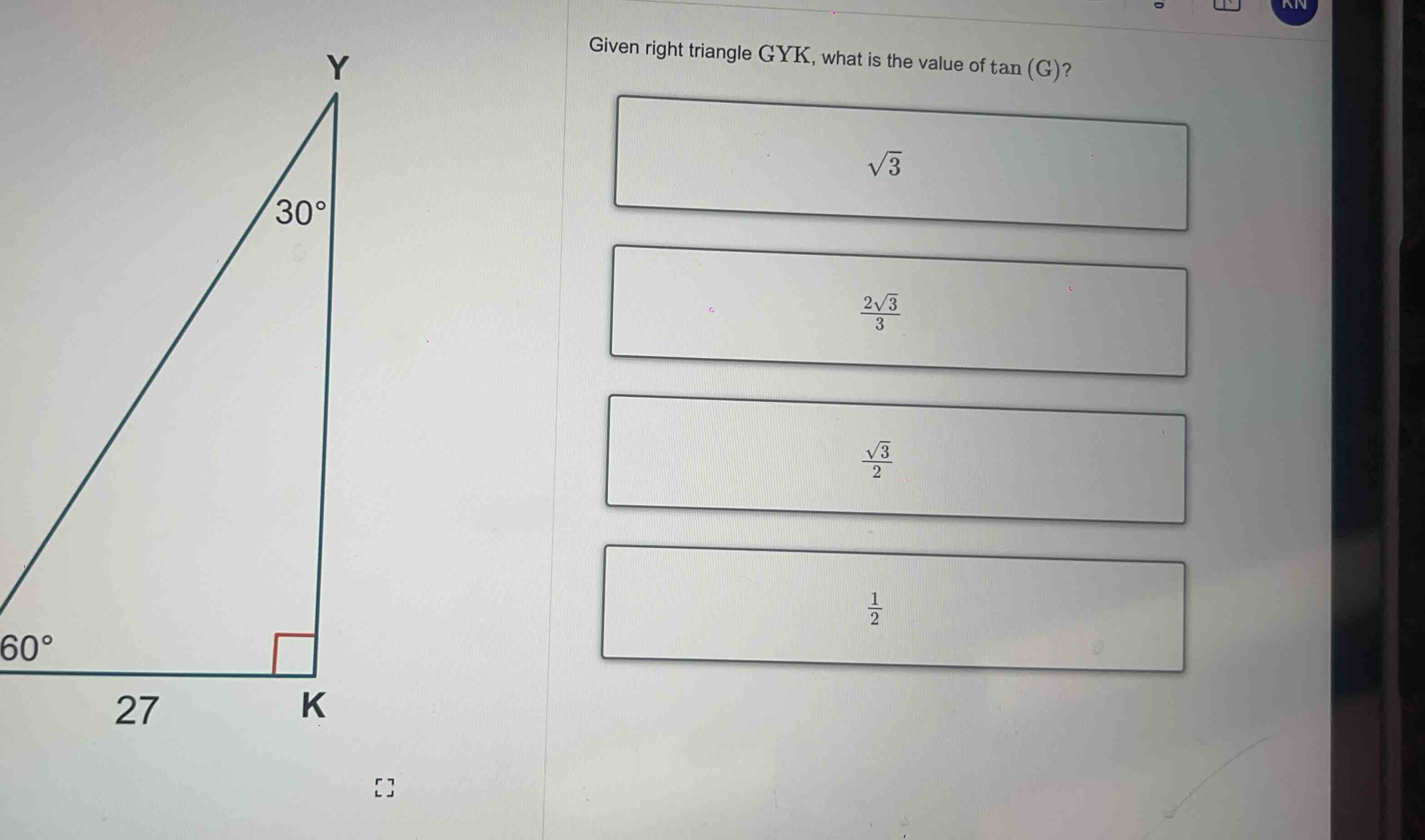 given right triangle gyk, what is the value of \\(\\tan(g)\\)? \\(\\sqr…