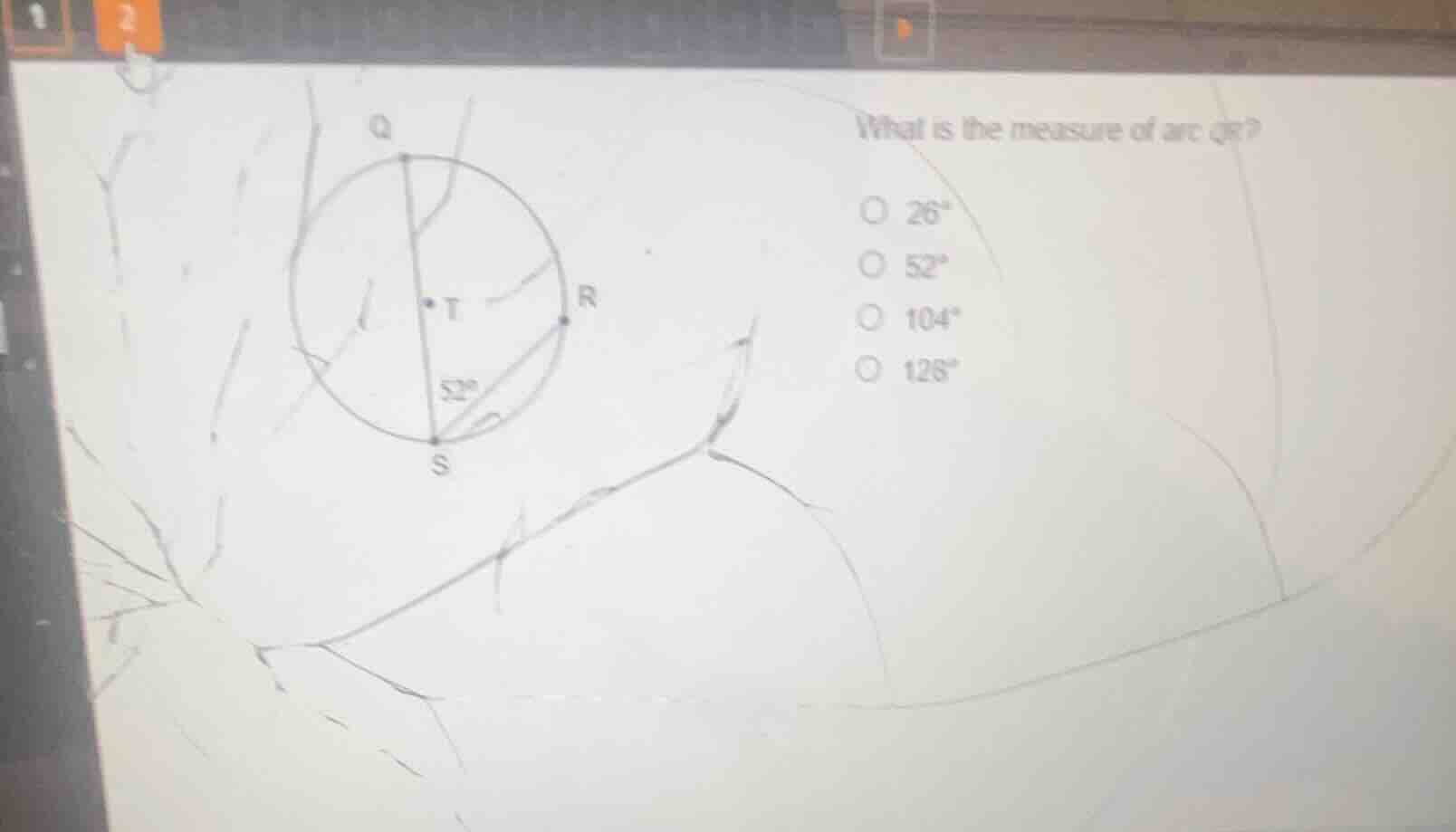 what is the measure of arc qr? \\(26^\\circ\\) \\(52^\\circ\\) \\(104^\…