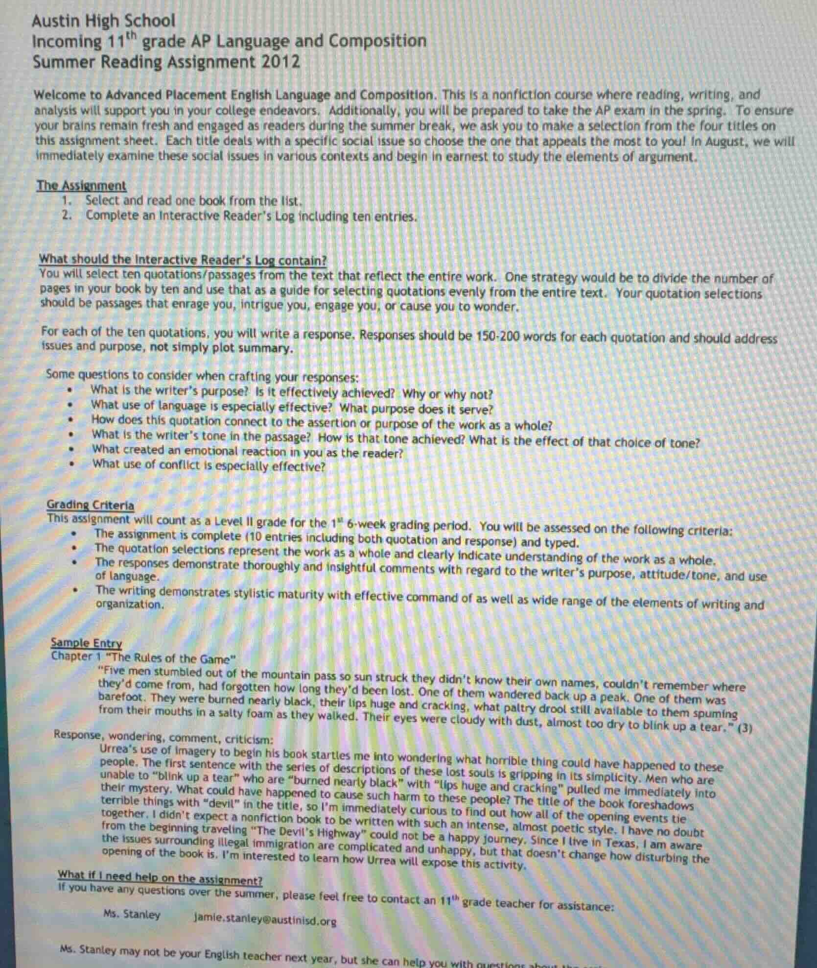 austin high school incoming 11th grade ap language and composition summ…